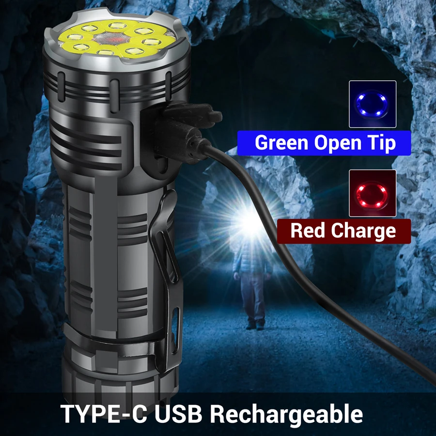 3000LM Ultra Bright 8 LED Flashlight Use 26650 Battery Rechargable Torch Multifunctional Outdoor Fishing Camping Lantern 8Modes