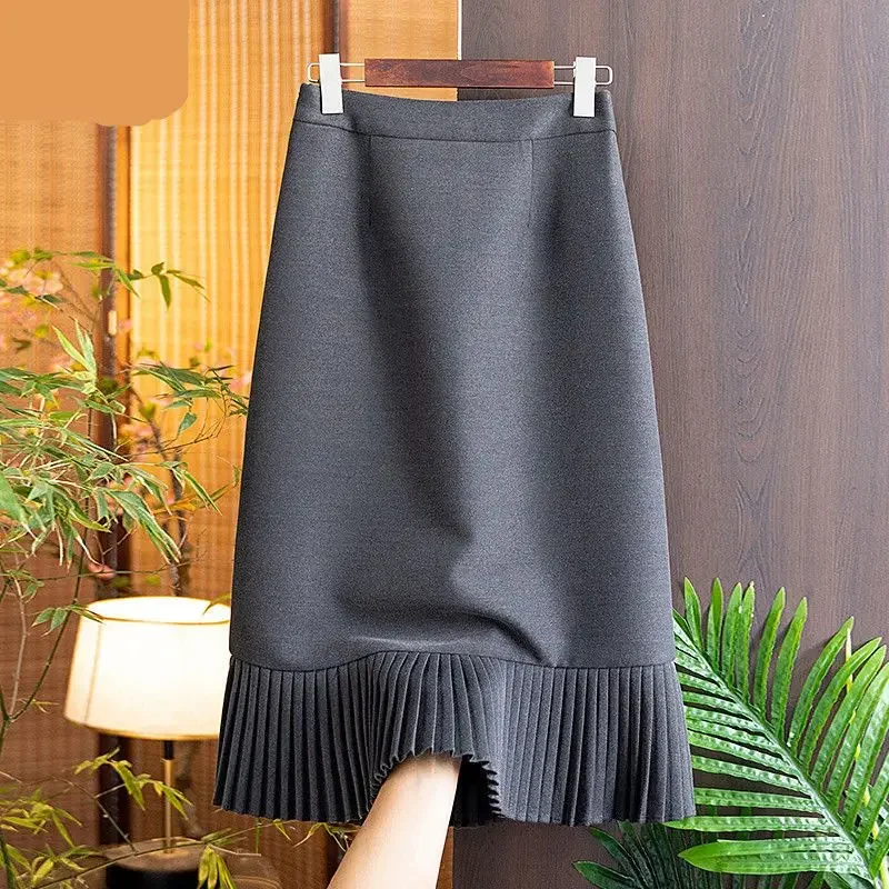

Fashion Solid Color Women's Fashion Fishtail Skirt Commuting Straight Tube High Waist Slim Temperament Pleated Skirt Lady