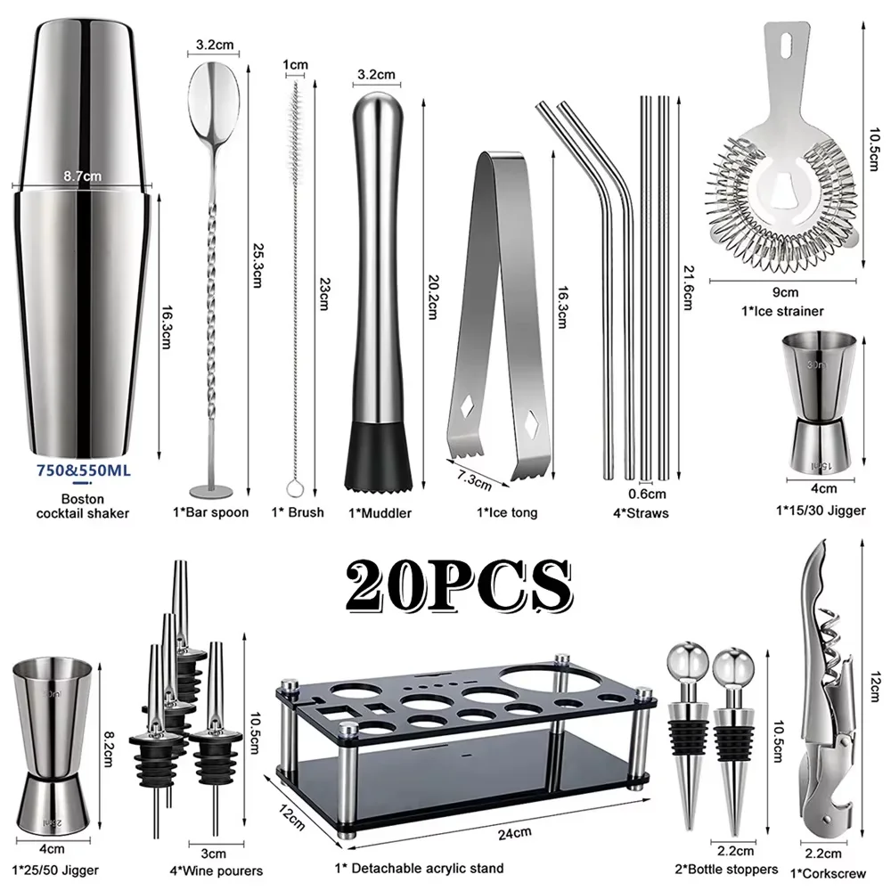 

Bartender Kit for Home 25-Piece Boston Cocktail Shaker Set Shaker Strainer Muddler Jigger Mixing Spoon Pour Spout Bartender Kit