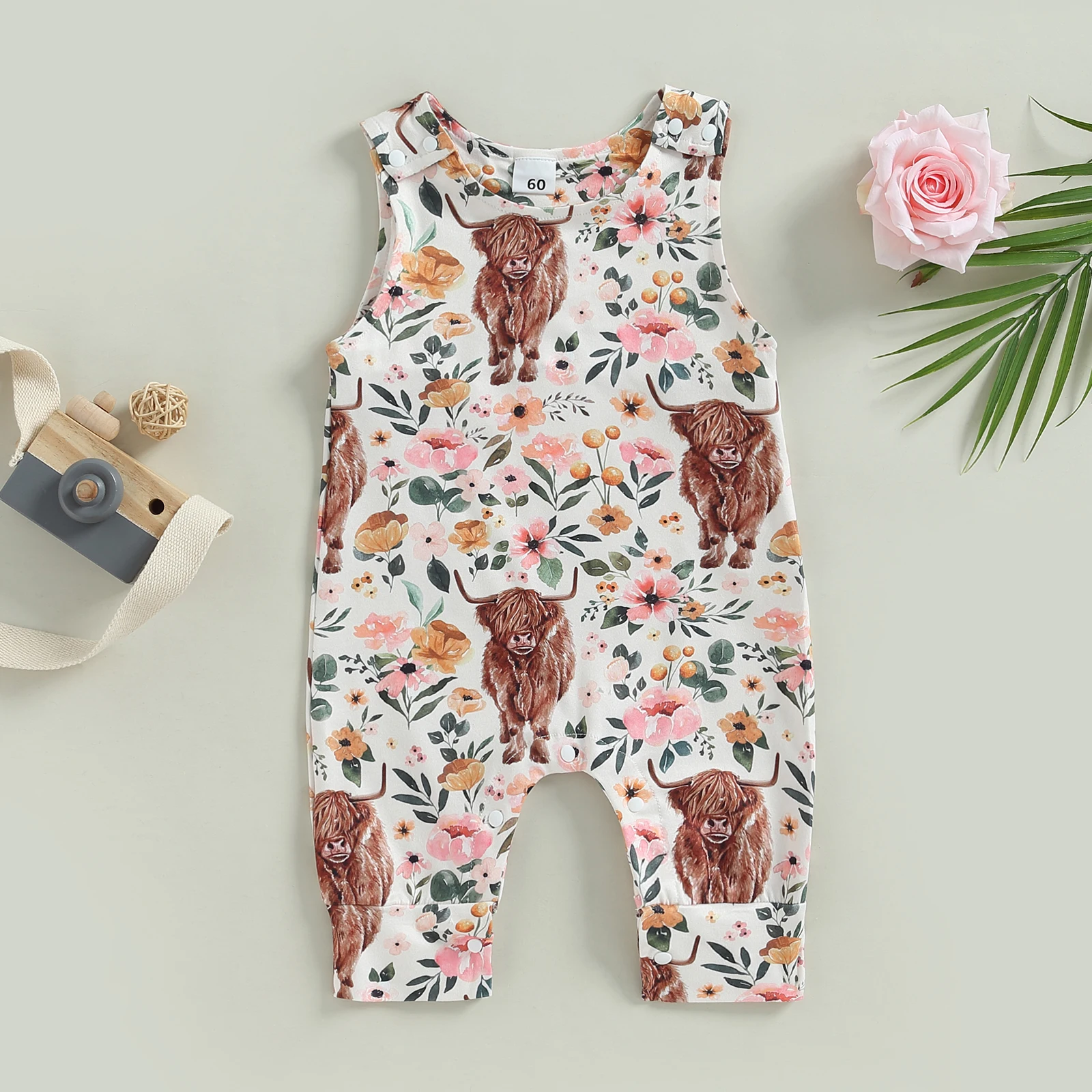 Baby Girl Summer Jumpsuit Western Floral Cow Print Sleeveless Rompers Pants for Toddler Newborn Infant 0-18Months