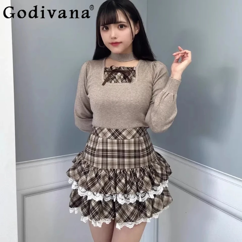 

2026 Spring and Summer Plaid Skirts Girls Women High-Waisted Slimming Lace Short Skirt Japanese Style Lady's Daily Casual Skirt