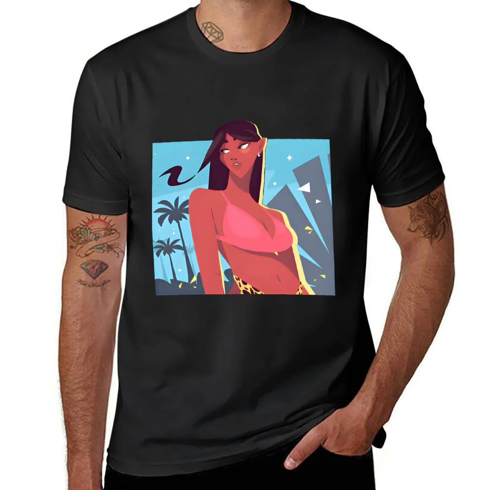 Cute girl in swimsuit on beach. summer time T-shirt quick drying vintage sports fans funny t shirts for men