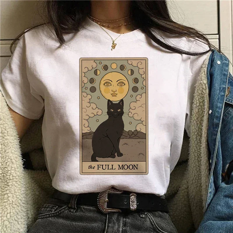 

Fashion T-shirt Simple Spring Summer Tarot Cartoon Print Funny Cat Print Casual Dress Women's Loose White Plus Size T-shirt.