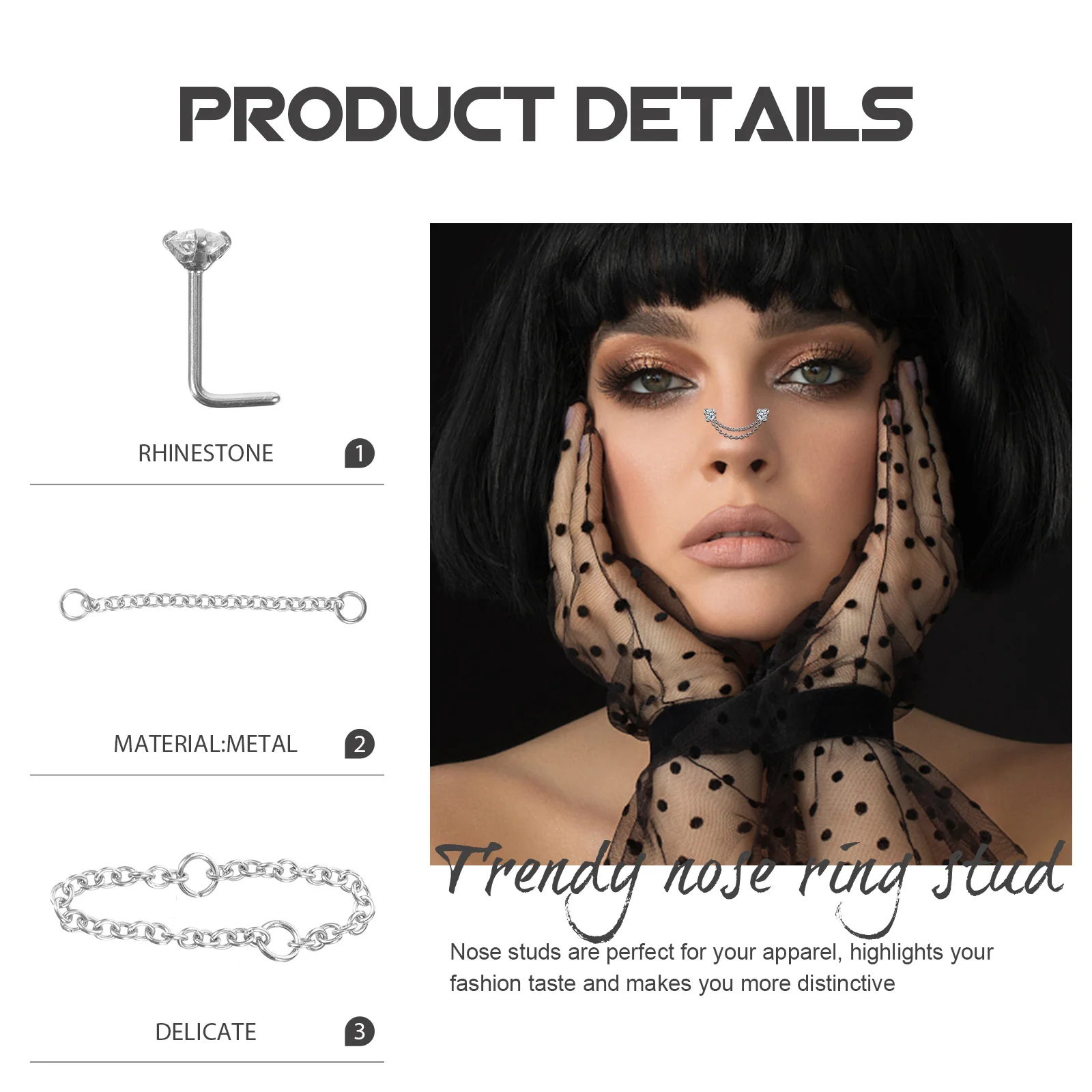 

1 Set Studs Kit Metal Ring Studs With Chain For Women Body Fashion Rings Nose Piercing Jewelry Bulk Body Piercing Jewelry Women