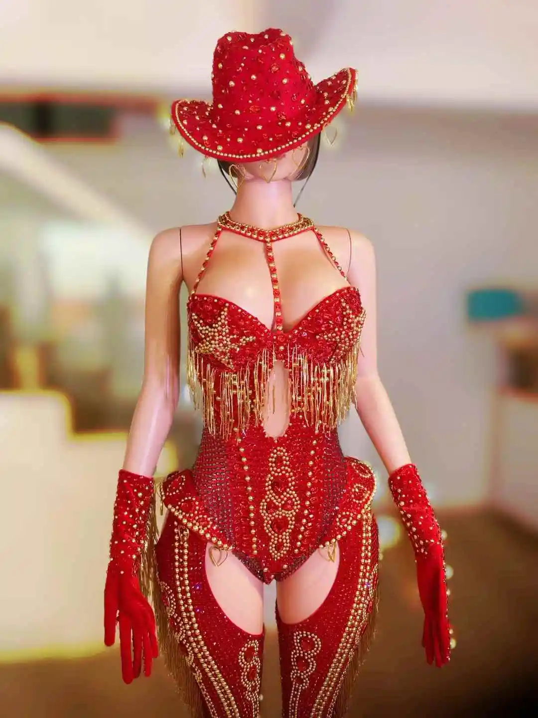 Frauen Sexy Sparkly Strass Rot Body 4 Stück Set Nachtclub Party Bühne Zeigen Outfit Kabarett Karneval Showgirl Bühne Tragen