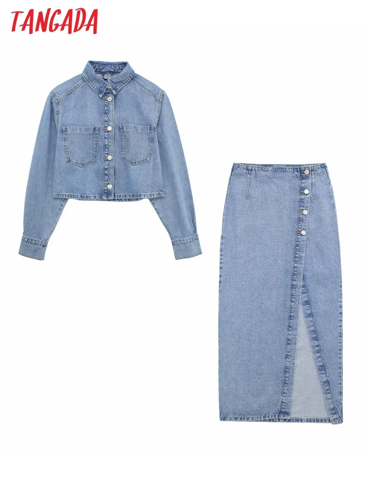 Tangada 2023 New Women Blue Oversize Crop Denim Jacket Boyfriend Style Female Coat Outwear 3H354