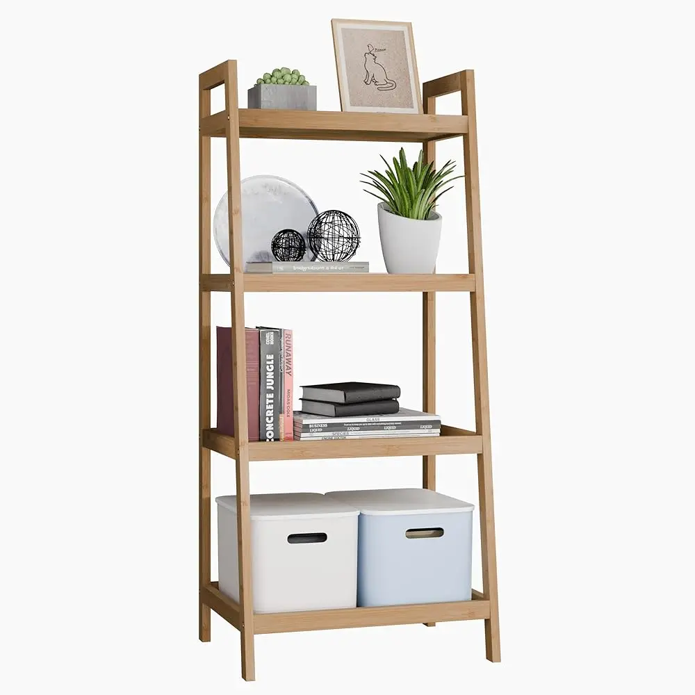 

Bamboo Ladder Bookcase, Bathroom Storage Ra Organizer, 4 Tier Freestanding Plant Display Stand Space Saver Shelves For Bedroom,