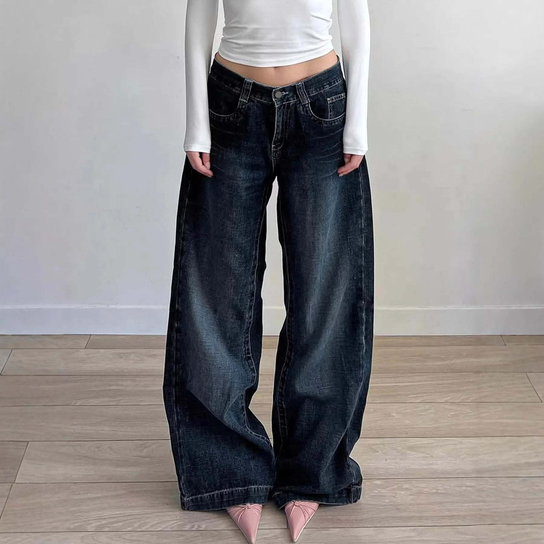 Oversized Fit Raw Hem Jeans  High Waist Wide Leg Zipper Denim Jeans Pants Y2k Baggy Jeans Women Flared Cotton Denim Pants