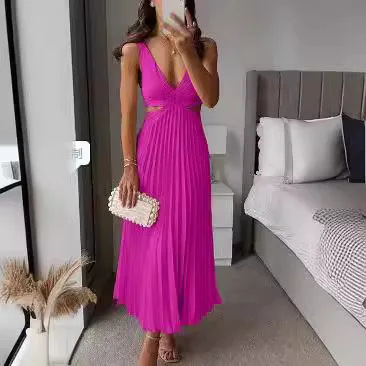 

2026 Spring Summer Women Dress V Neck Sleeveless Hollow Out Backless Pleated Maxi Dresses Gown Outfits