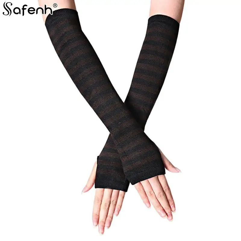 1pair New Long Glove Arm Cover Classic Pink Black And White Striped Fingerless Elbow Gloves Warmer Knitted Wristband