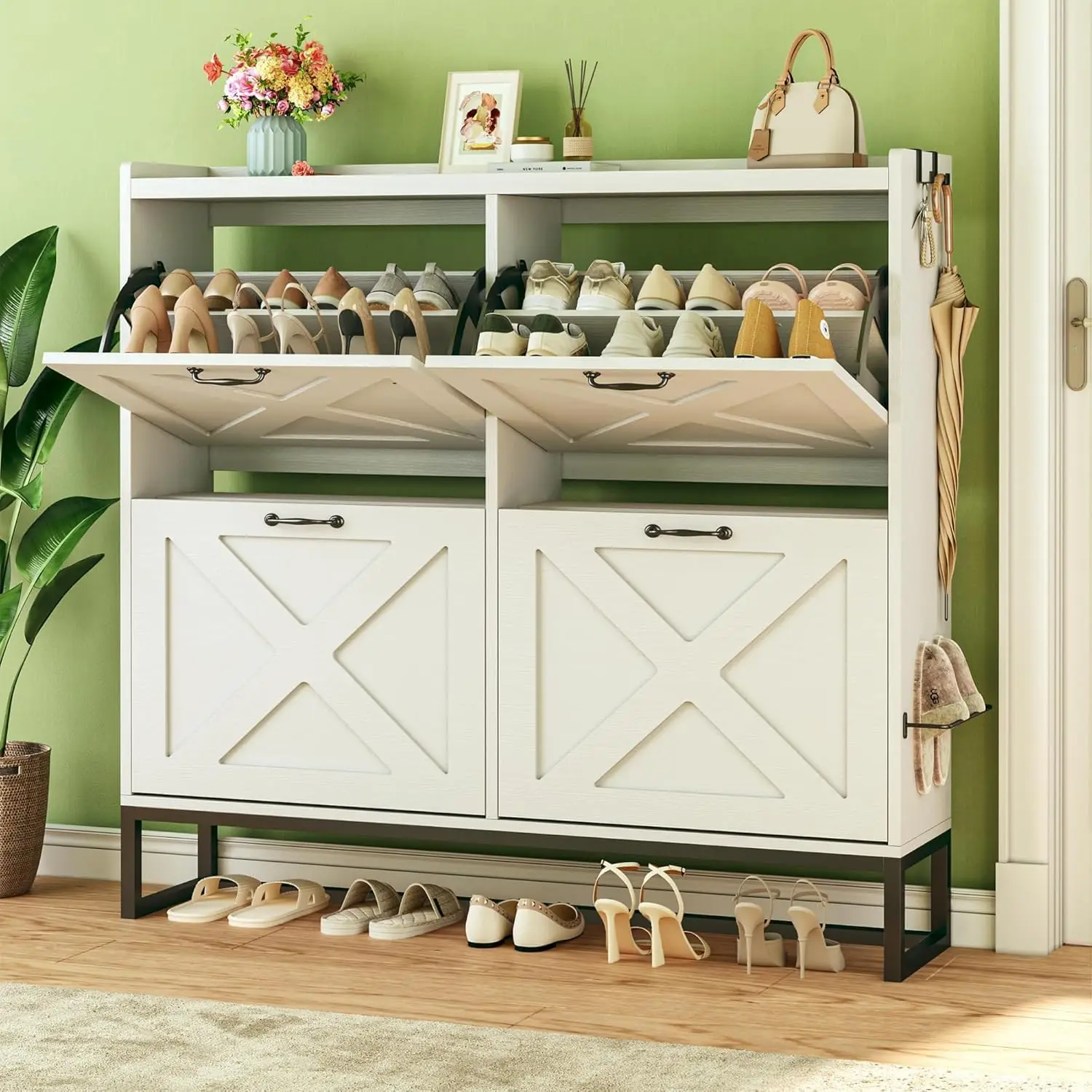 

Shoe Cabinet with 4 Flip Drawers, Storage Cabinet with Mounted Rack & Adjustable Shelves, Narrow Shoe Cabinet with Metal Legs