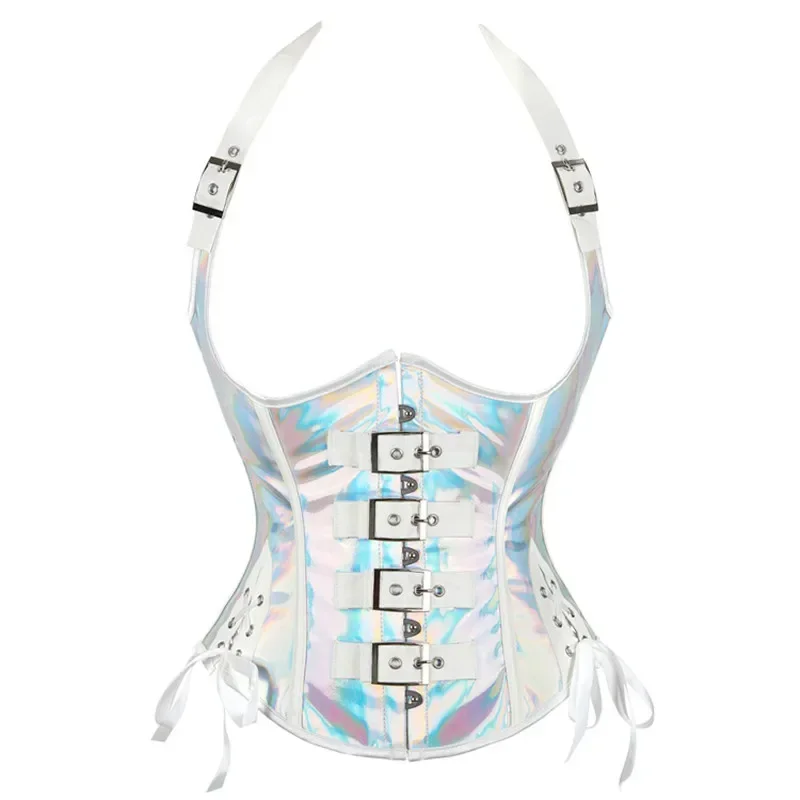Faux Leather Corset with Halter Strap Women Sexy Buckled Steampunk Bustier Body Shaper Waist Trainer Vest Underbust Corselet