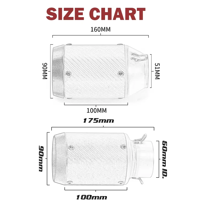 AR 51/60mm Universal Motorcycle Exhaust Muffler Suitable for Kawasaki 300 400 800 1000 CB300R R3 R6 MT07 MT09 DUKE390 ZX6R S1000
