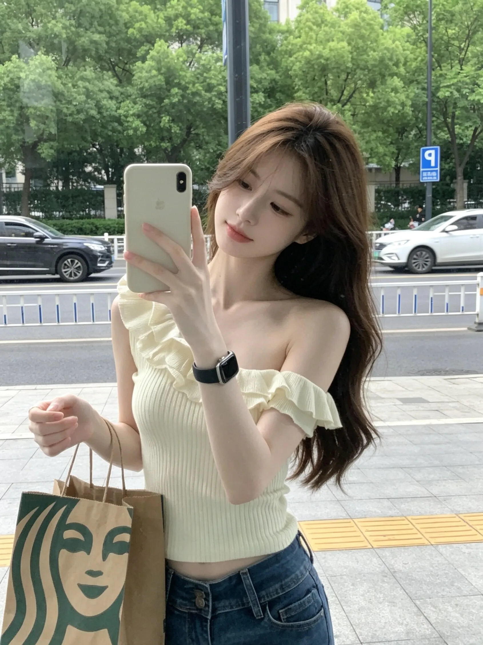 

Korean Style Peach Color Lace Trim One Shoulder Sleeveless Knitted Ice Silk Women's T-Shirt Summer Beautiful Small Top