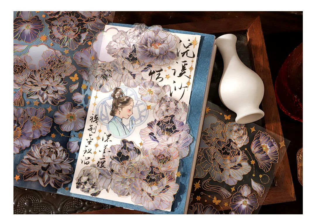 3 Sheets/pack Sky Light Flower Shadow Series 3D Color Hot Gilding PET Stickers China Retro Plants Scrapbook Decorations