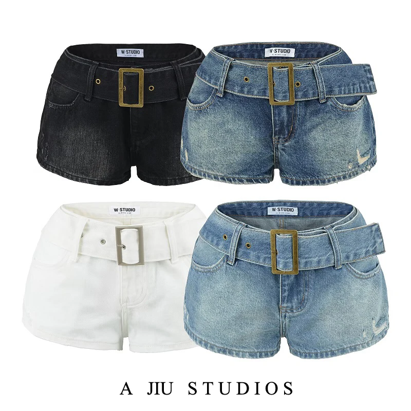 American Style Sexy Short Jeans Low Waist Slim Fit Casual Women's Summer Shorts with Belt Hole Design Sexy Bodycon Hot Pants