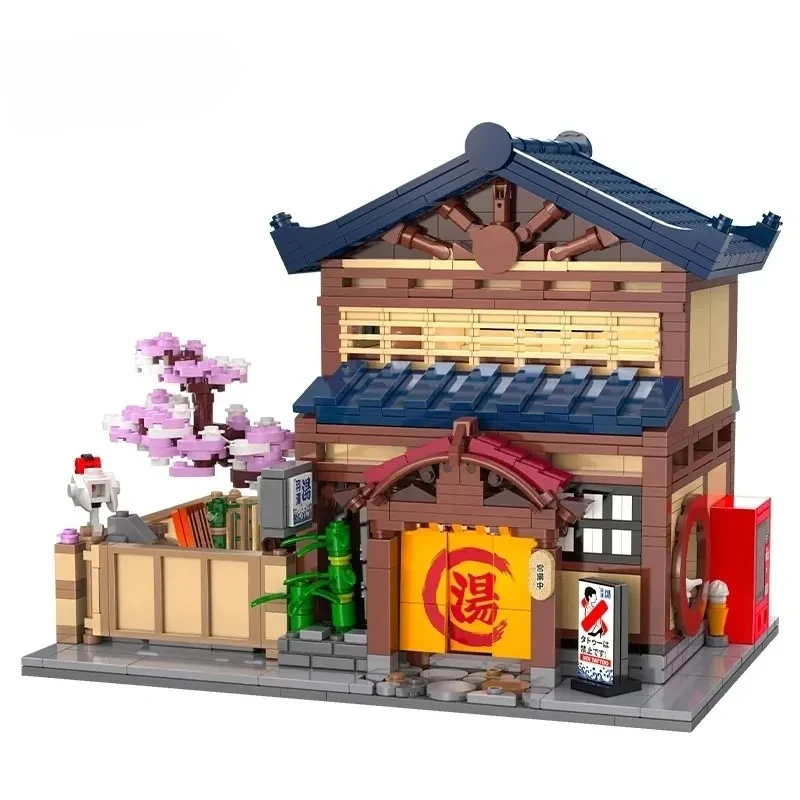 1249PCS MOC Kreative Traditionelle Japanische Yuzawa Badehaus Haus Gebäude Blöcke Stadt Street View Modulare Gebäude Modell Spielzeug