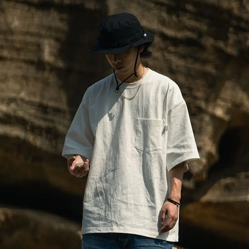 

Fashionable Korean simple personalized T shirt summer y2k loose pocket casual men retro Harajuku round neck half sleeved top