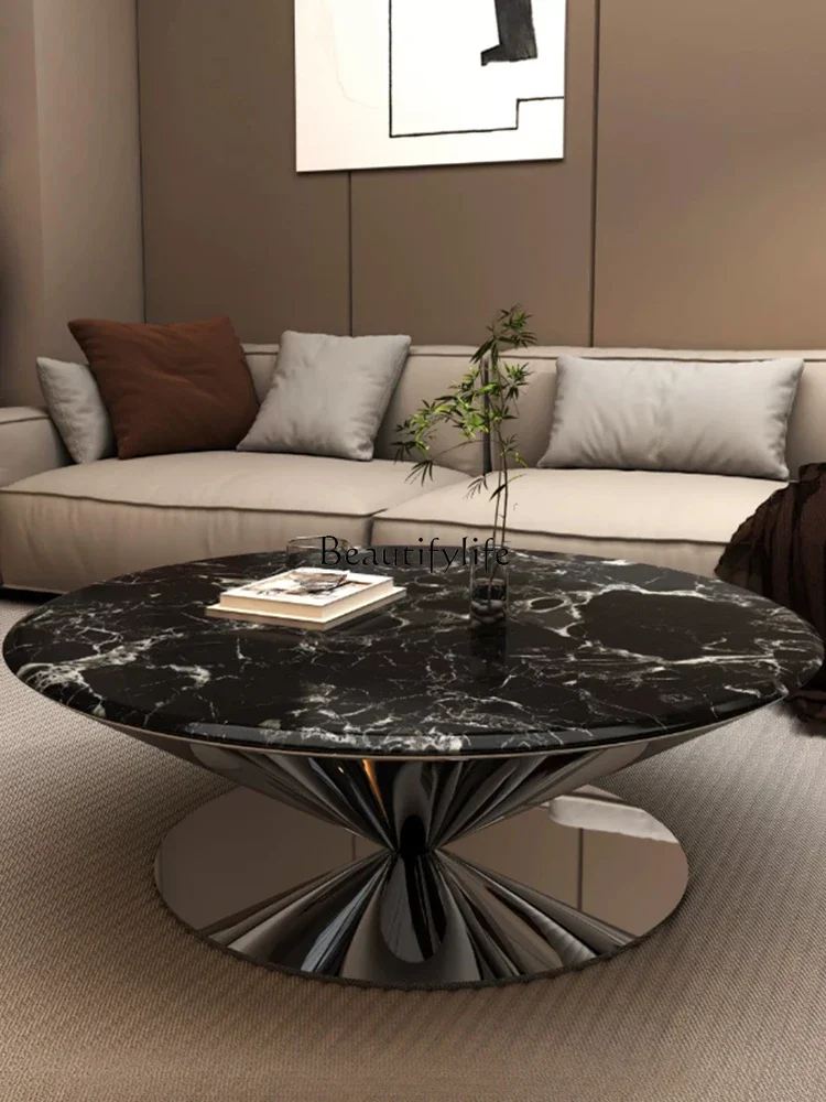 

ls 04Italian light luxury natural marble black rose luxury stone coffee table round creative stainless steel living room