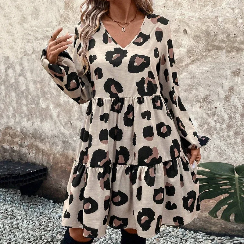 

2026 New Long Sleeve Dresses for Women V-Neck Leopard Print Women Dress Loose A-LINE Dress Women Vestidos De Verano Mujer Q53