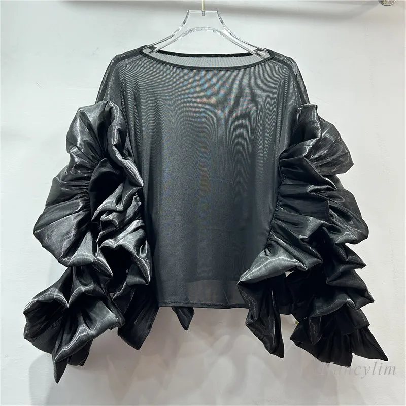 New Large Ruffles Blouse Women European and American Temperament Round Neck Ruffle Edge Loose Long-sleeved Shirt Irregular Top