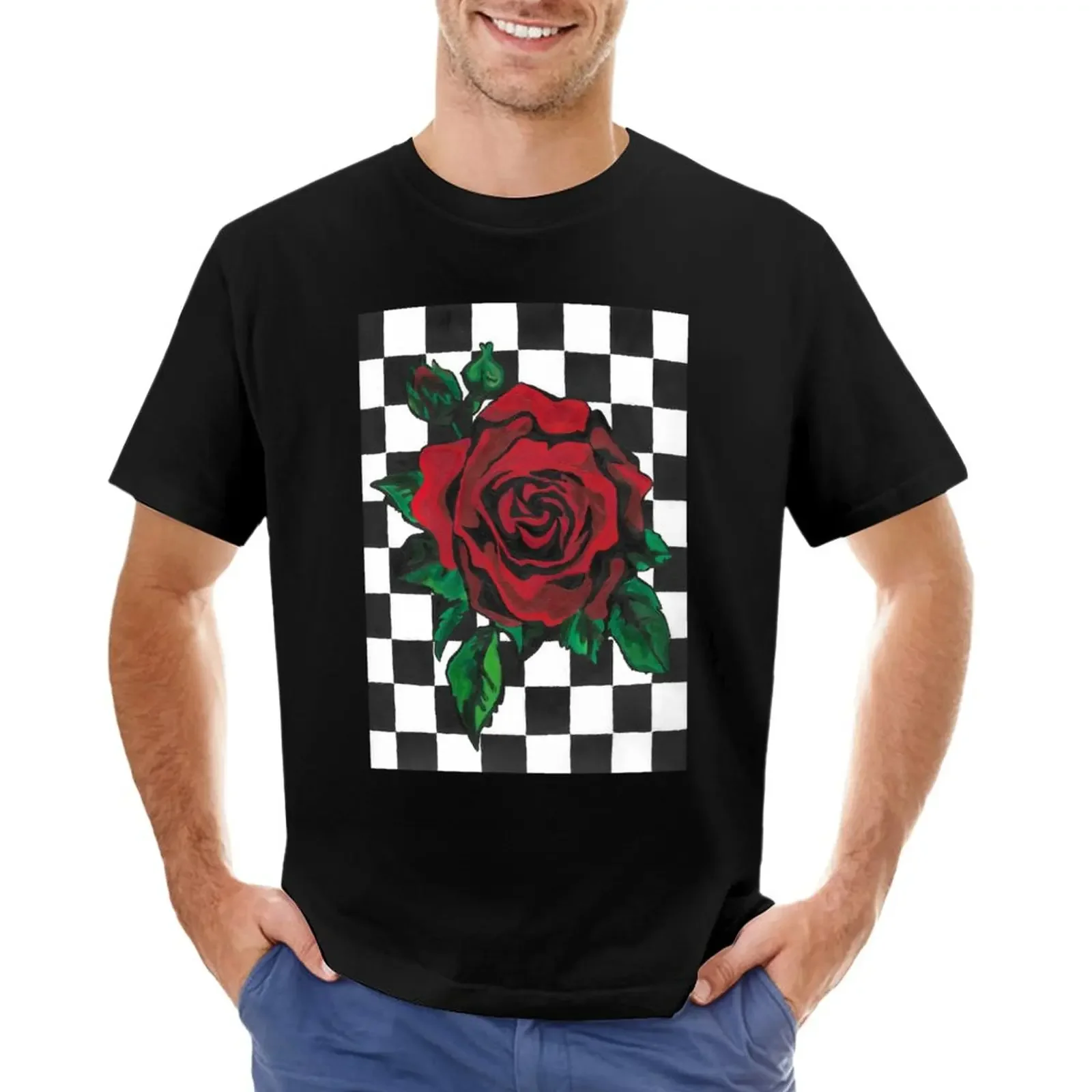 Chequered Rose T-Shirt korean fashion boys whites sweat tops mens graphic t-shirts hip hop