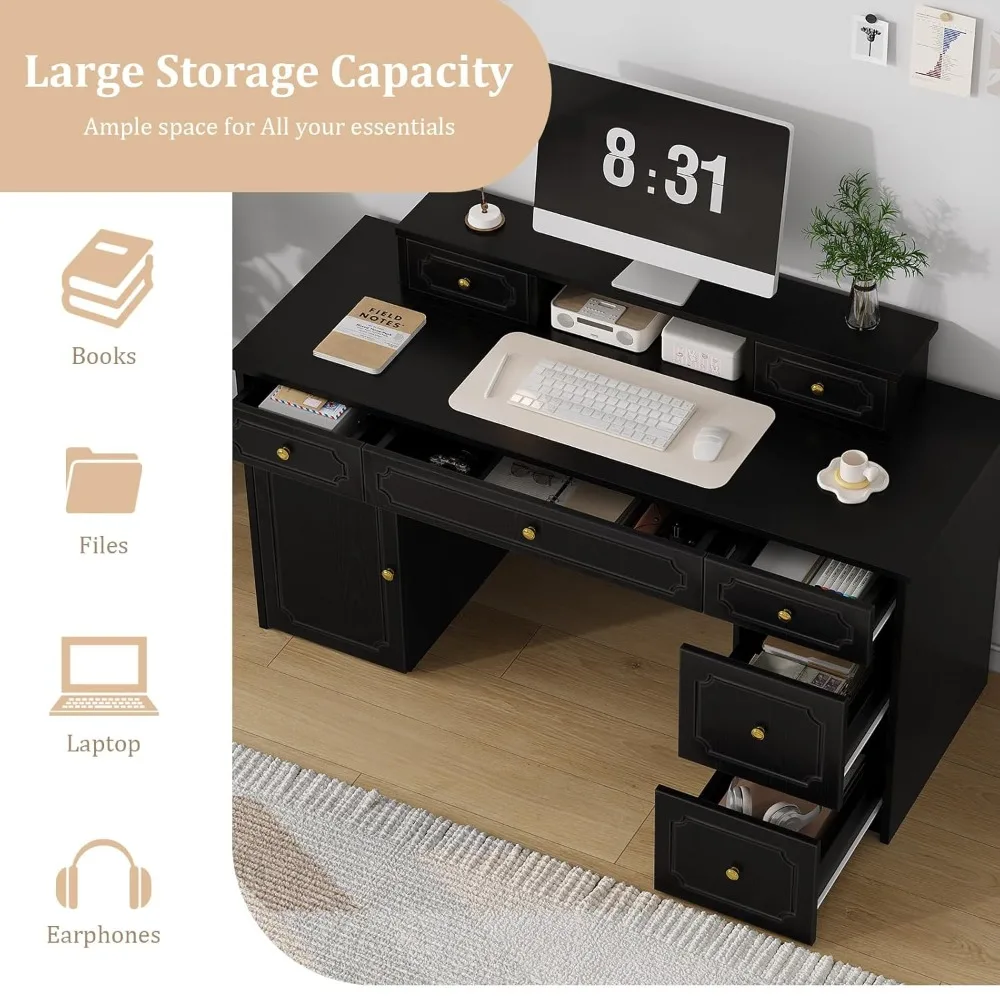 

Black Desk with 7 Drawers, 54 Inch Computer Desk with Cabinet for Work Writing Study, Vanity Desk with Golden, Customized