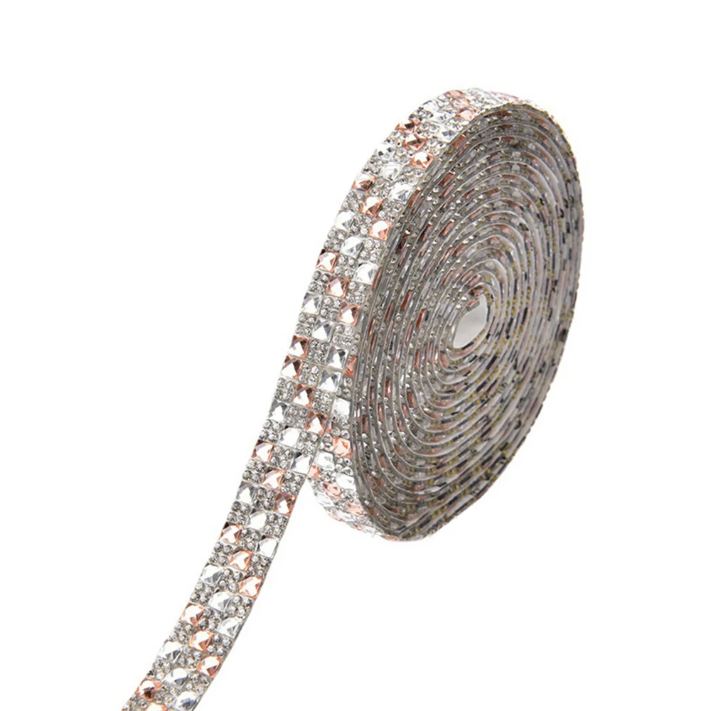 4 มม.สามแถว Self กาวคริสตัล Rhinestone ริบบิ้น DIY Glitter รถบ้านตกแต่งของขวัญงานแต่งงาน Trim สติกเกอร์