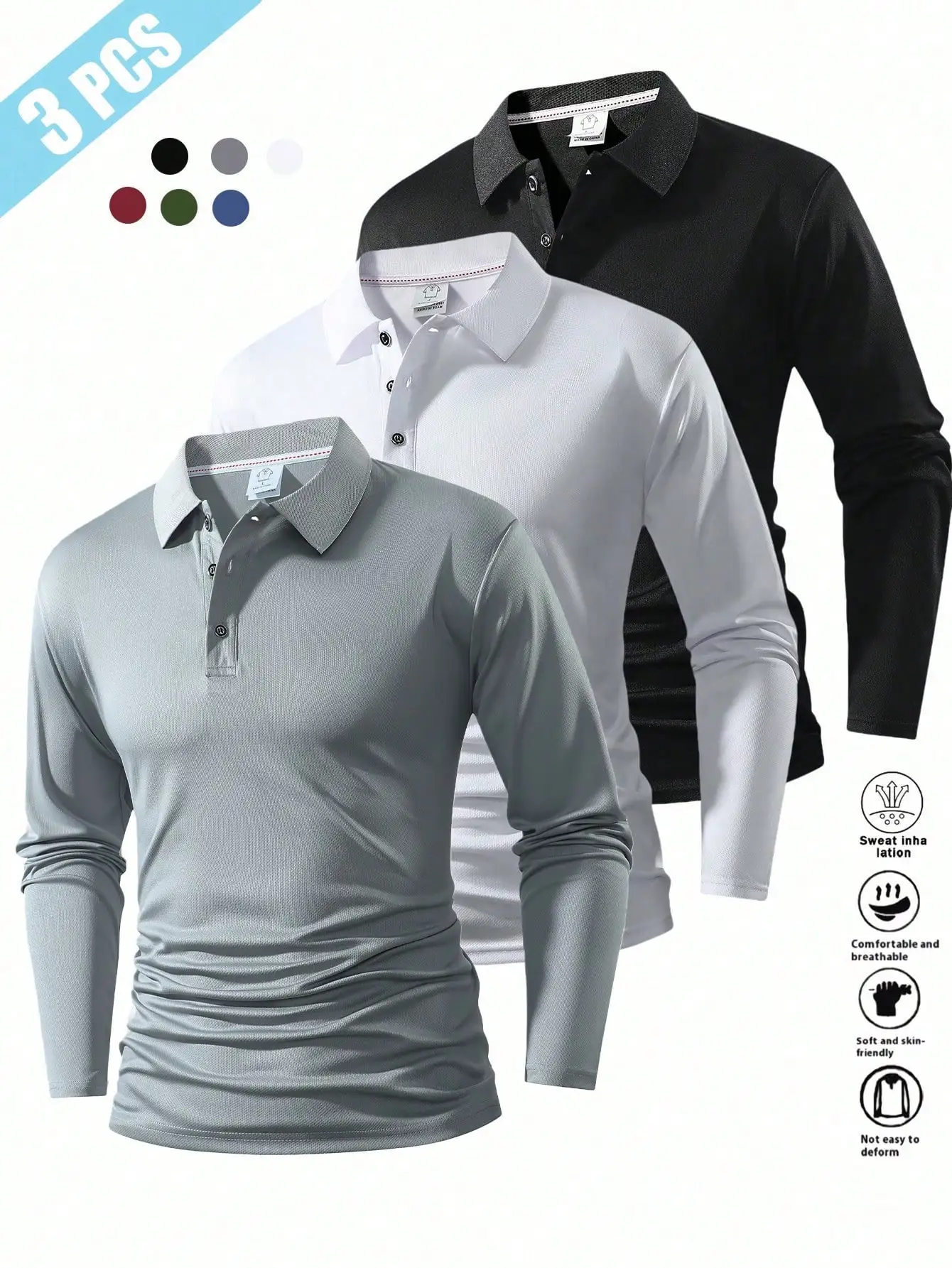 

3-Pack Men's Long Sleeve Breathable Polo Shirts for Casual, Fitness, Golf
