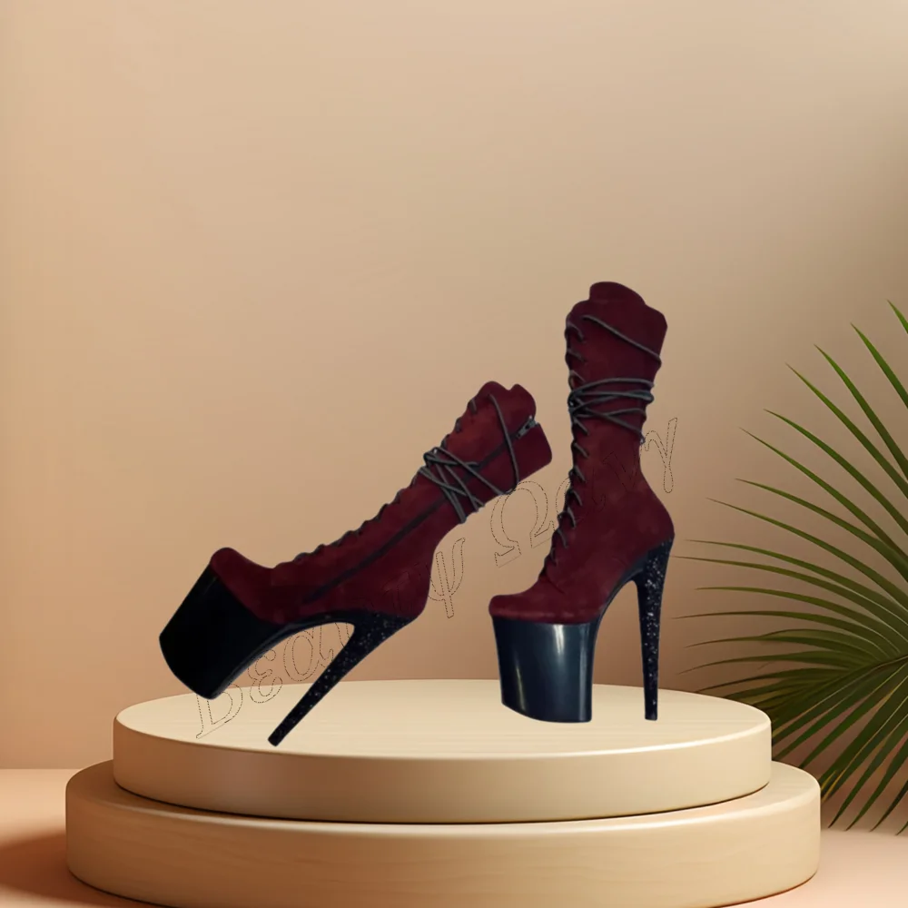 Burgundy Spike Heel Platform Boots Cross Tied Side Zipper Stilettos High Heel Shoes for Women High Heel 2023 Zapatillas Mujer