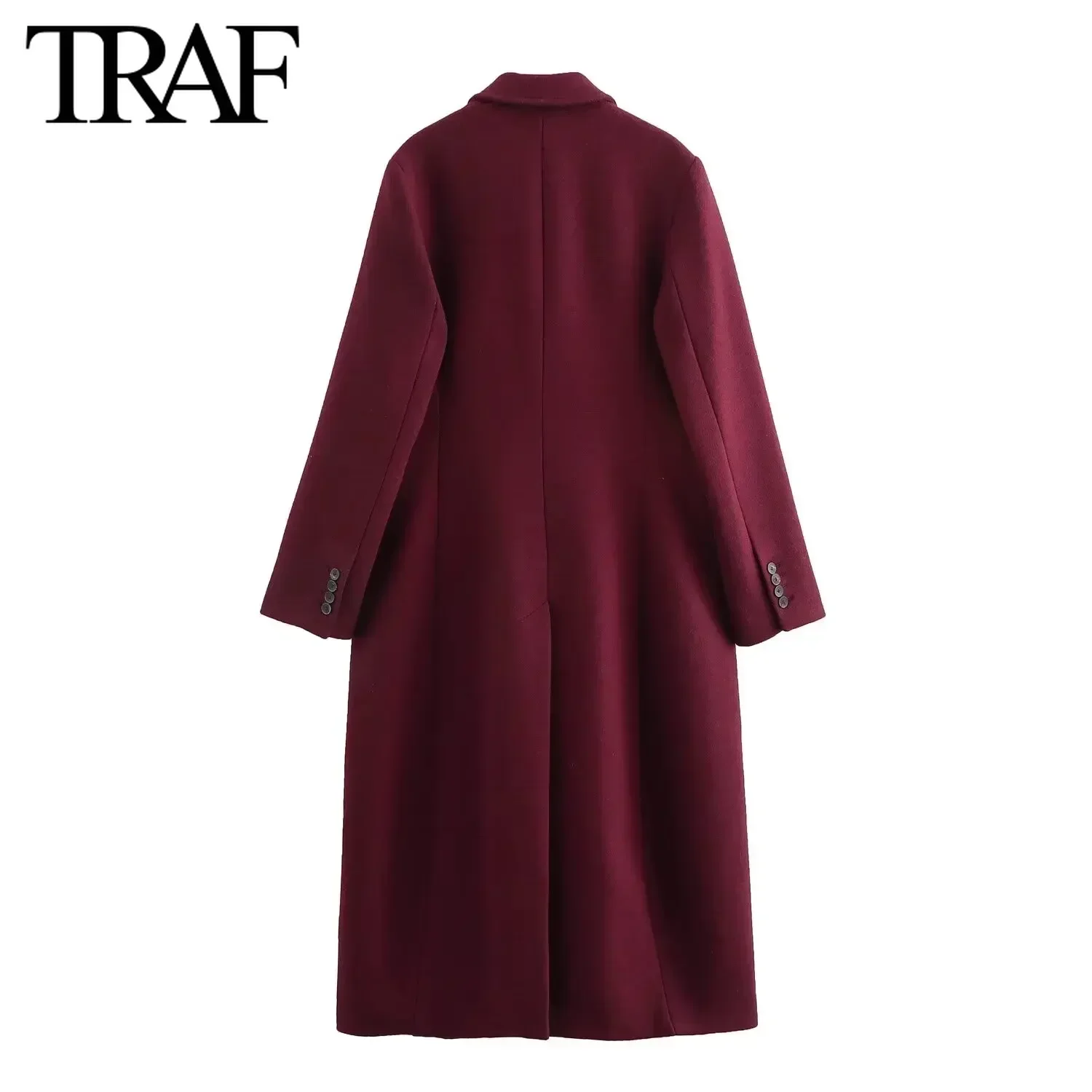 TRAF Burgundy Wine Red Wool Blended Overcoat for Women Fashion 2024 Winter New Warm Double Breasted Lapel Long Coat Jacket