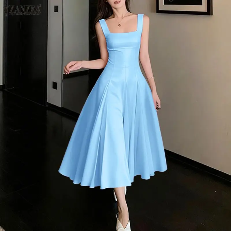 ZANZEA Robe de soirée élégante mode femmes Sexy sans manches solide Satin fête Robe d'été décontracté plissé col carré longue Robe