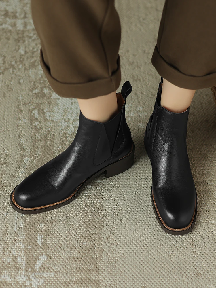 Genuine Leather Women Chelsea Boots New 2024 Spring Autumn Round Toe Ankle Boots Black Brown Retro 4.5CM Mid Block Heeled Shoes