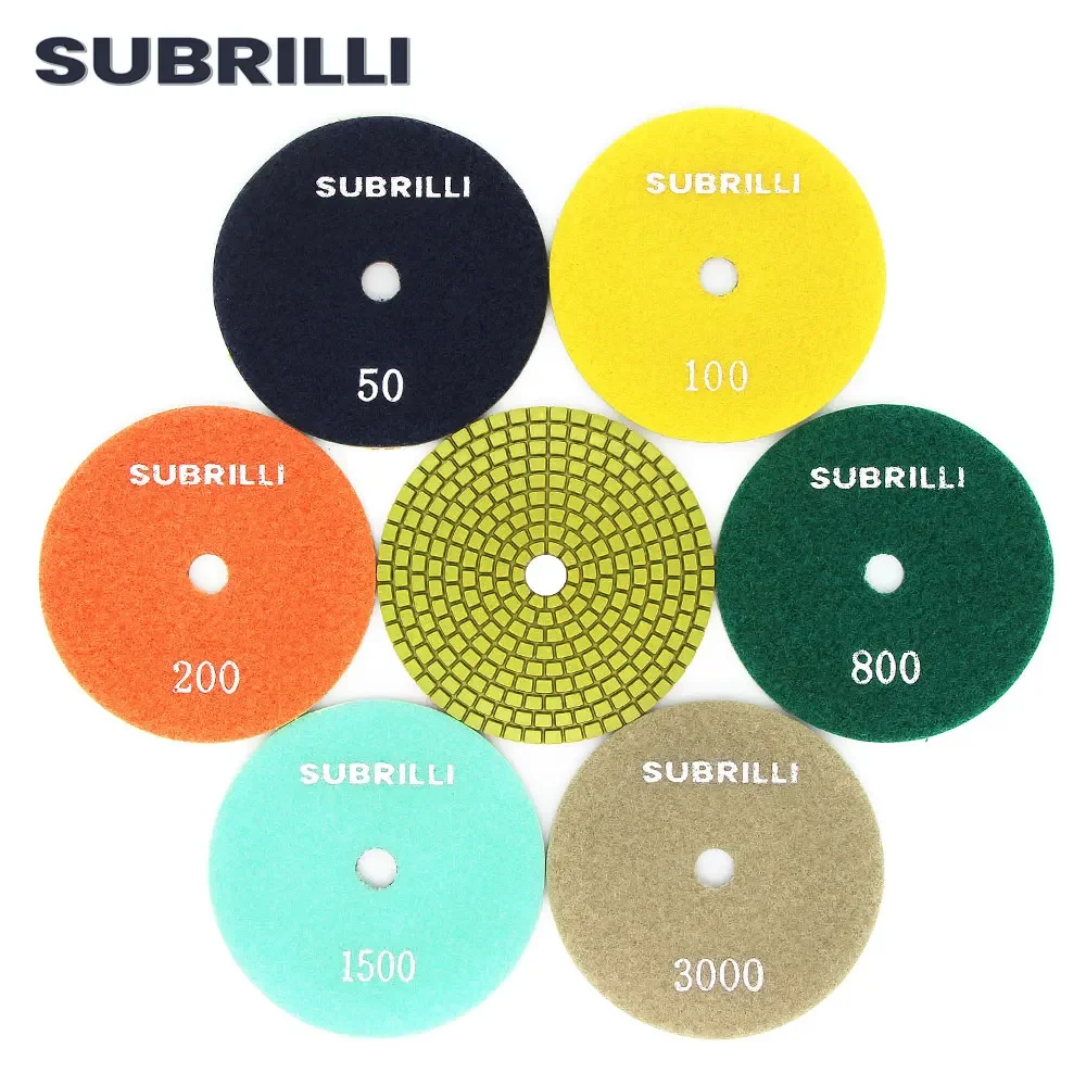 SUBRILLI 3 "/4"/5 "ล้อขัดเพชร 6/10 ชิ้น/เซ็ตหินแผ่นบดคอนกรีตยืดหยุ่นเรซิ่น Bond เปียก Sanding Pad 80/100