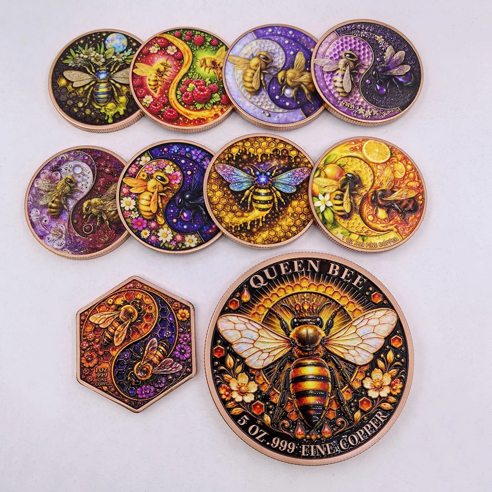 Honey Bee 1 OZ & 5 OZ .999 Fine Copper Commemorative Coin Yin Yang Honeycomb Designs Wildlife Art Metal Crafts Collectible Gift