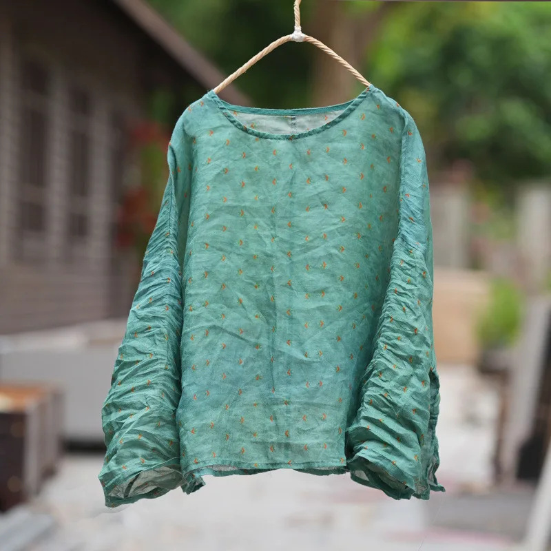 Women Oversized Women Lightweight Ramie T-shirts New 2026 Summer Vintage Style O-neck Floral Print Loose Female Casual Tops Tees
