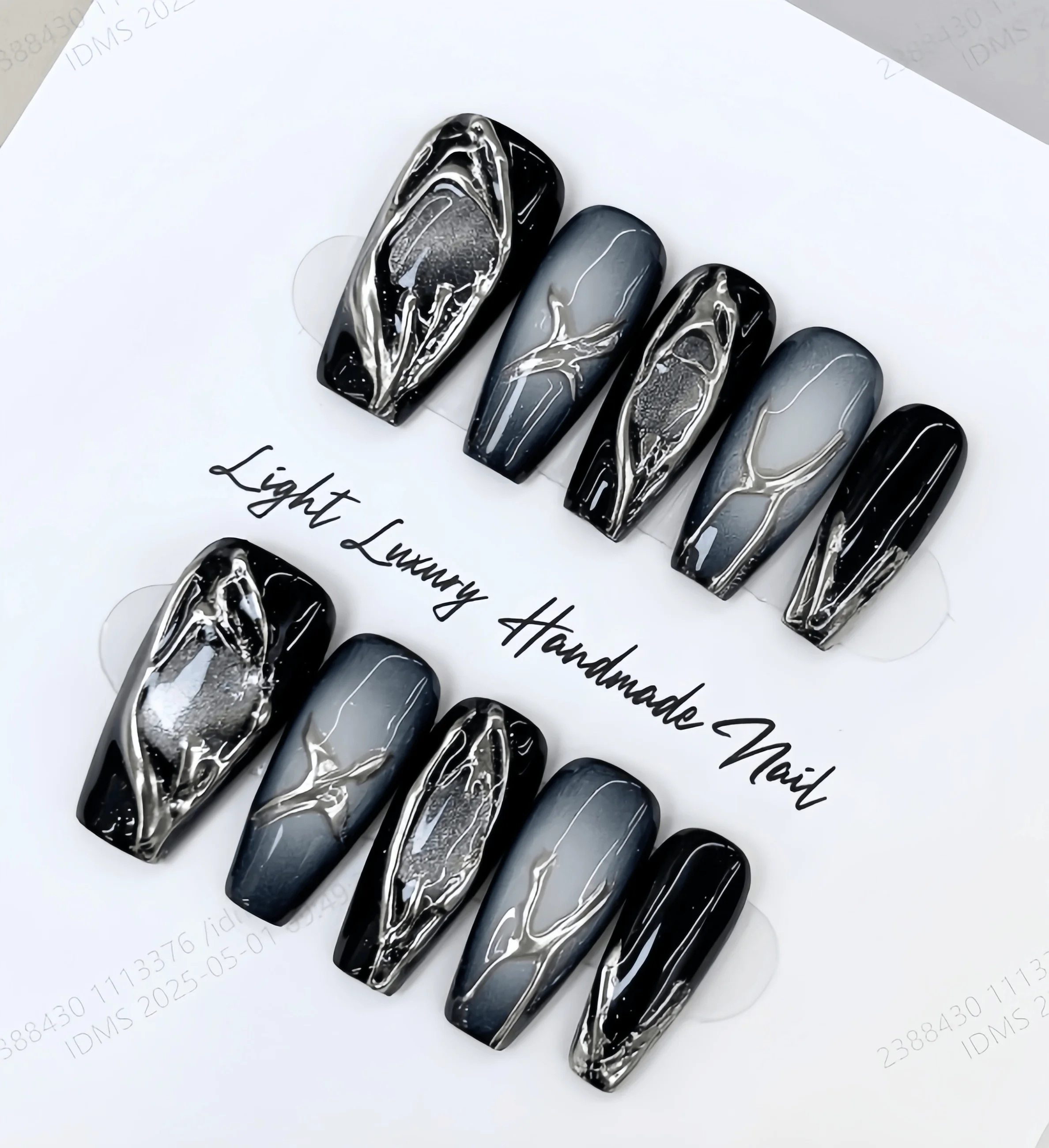10 Pieces of Handmade Almond-Shaped Full-Cover Nail Tips, Medium-Length, with a Black-Gray Gradient Base Color Paired with Liquid Metallic Silver Irregular Thorn Texture, in a Cool Dark Sub-Gothic Style, Suitable for Women and Girls, Perfect for Summer Vacations, Graduation Season, and as a Gift, Comes with 1 Piece of Jelly Glue and 1 Nail File