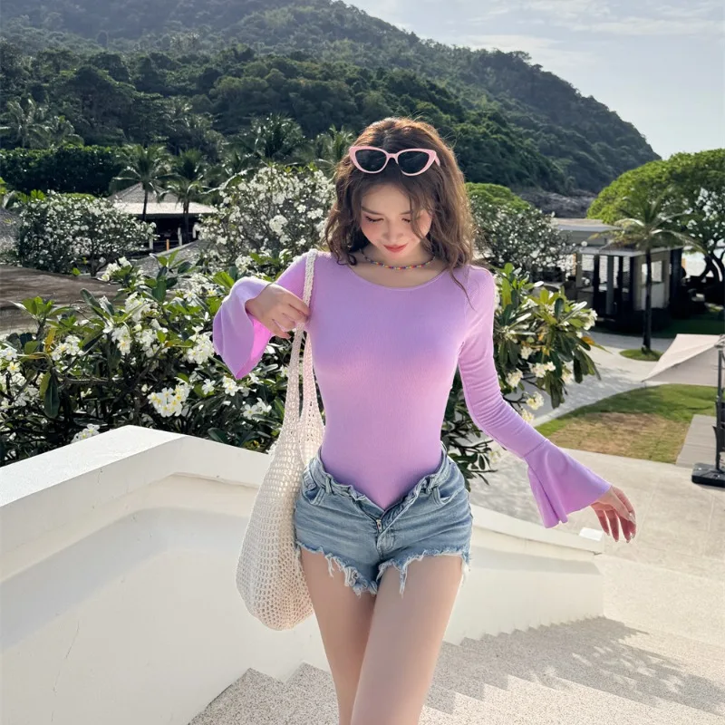 Korean Women One-piece Swimsuit Long-sleeved Solid Candy Color Swimwear Backless Cross Strap Sexy Spa Monokini Bathing Suit