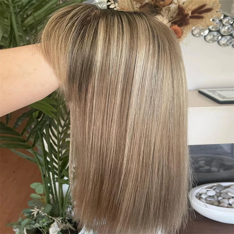 Short Curtain Bangs Wig Sexy Bouncy Blowout Lace Part Wig Hair Glueless Daily Wear Blonde Ash Dark Root Balayage Glueless Wig