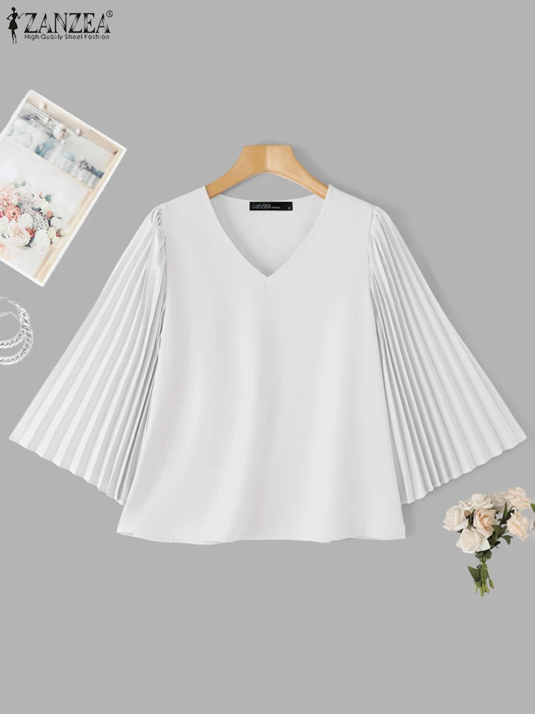 ZANZEA Women Blouses 2025 Summer 3/4 Sleeve Pleated Shirts Solid Color Sexy V-Neck Casual Loose Tunic Tops Fashion Elegant Blusa