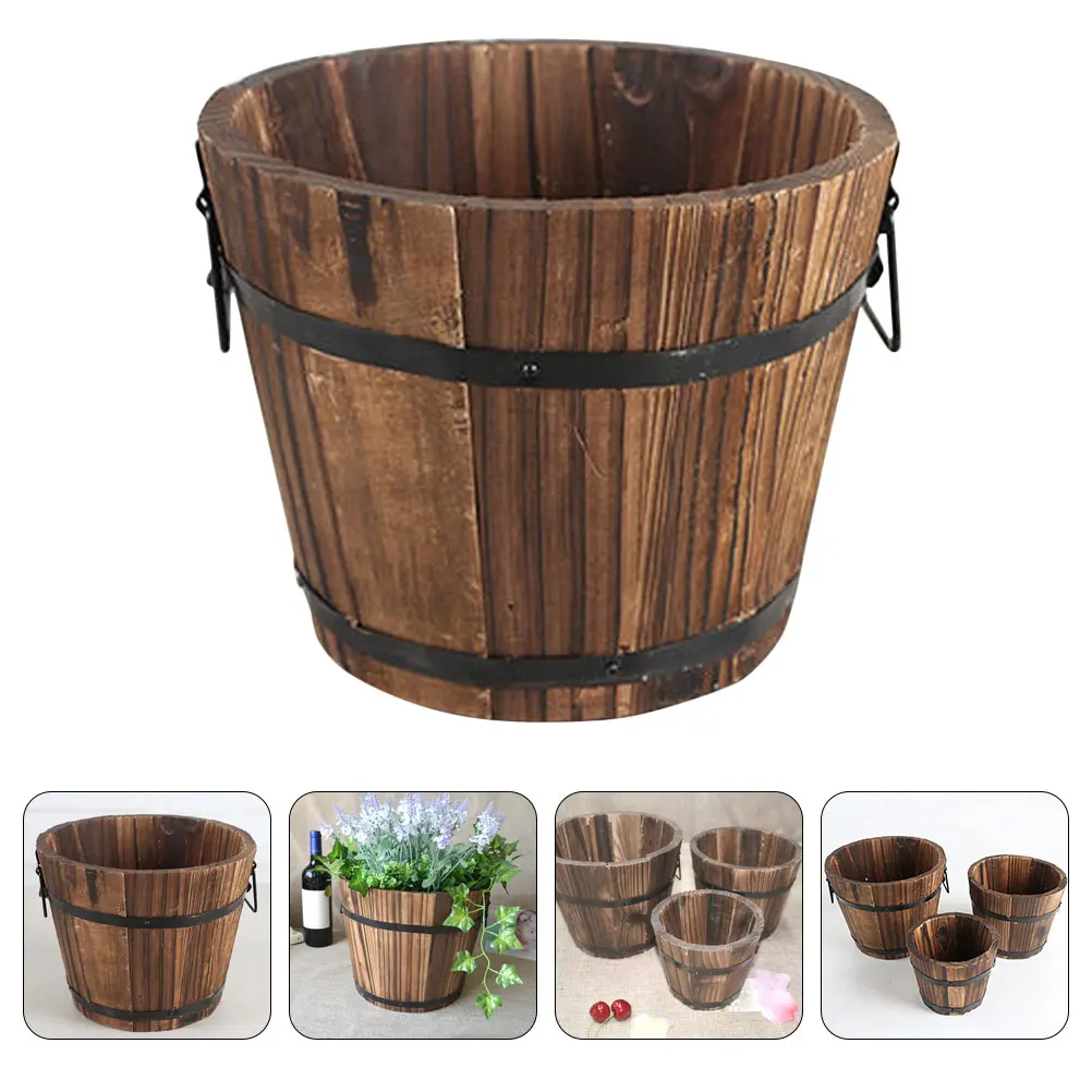 

Wooden Flower Pot Plant Bowl for Succulents Large Vase Garden Flowerpot Rustic Planter Barrel Wood Barrel with Handles Vintage