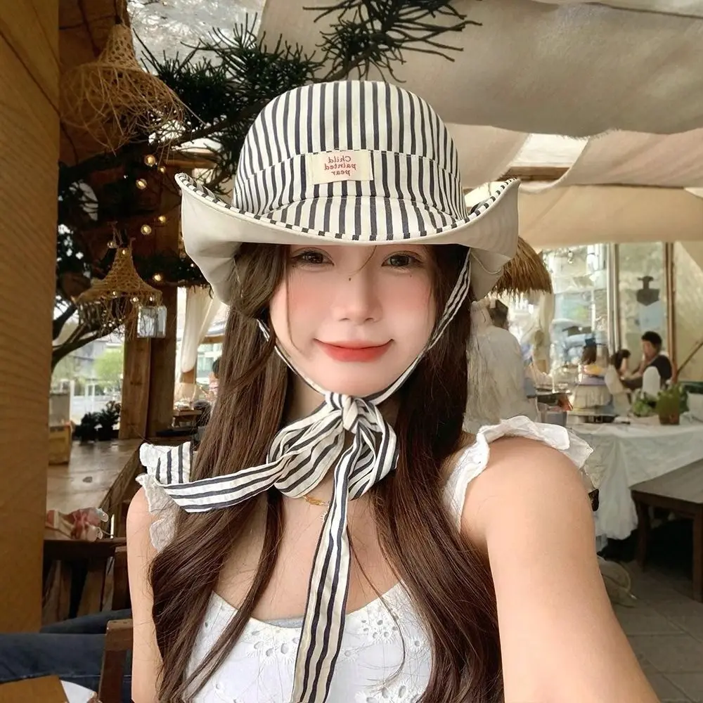 قبعة دلو عصرية للحماية من الأشعة فوق البنفسجية، قبعة بنما مخططة قابلة للطي بحافة واسعة قابلة للتنفس #1