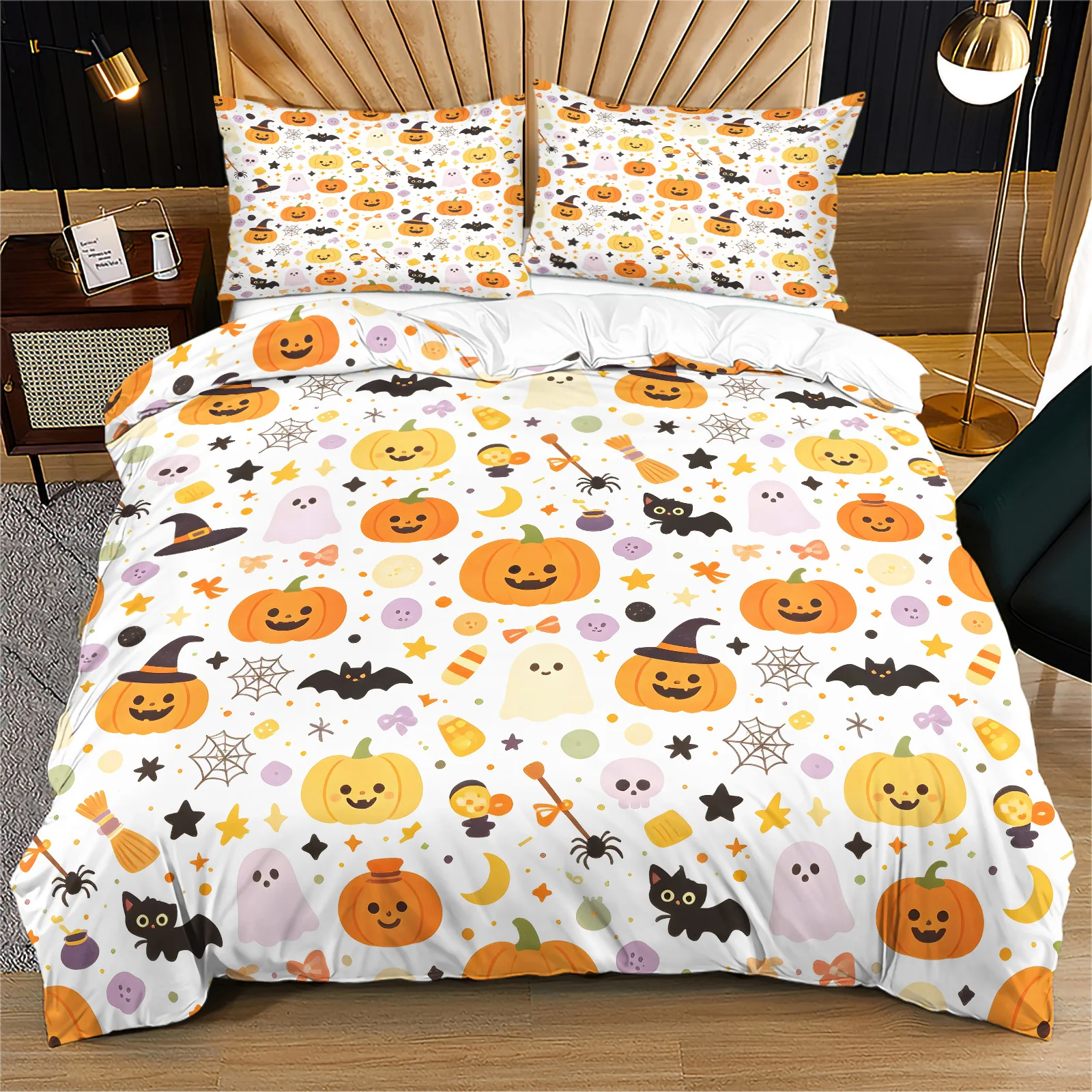 Halloween Duvet Cover Set Cute Pumpkin Ghost Black Cat Spider Web Print Bedding Set Quilt Cover with Pillowcases Holiday Bedding