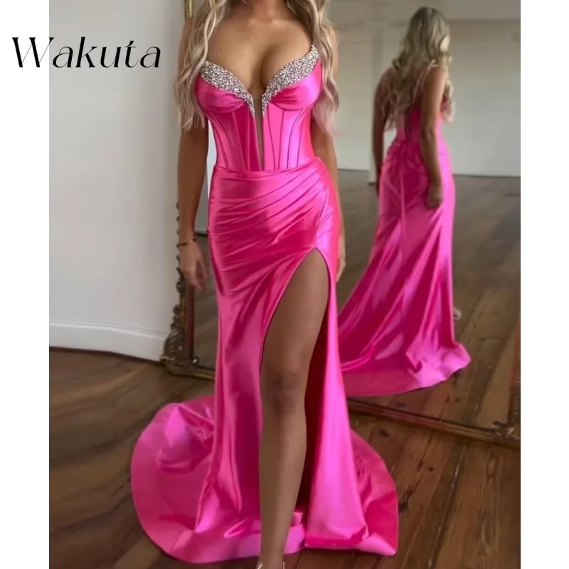 Wakuta Sparkly Sequin Memaid Beaded Satin Prom Dress Spaghetti Straps Slit Formal Gown V Neck Ruched Evening Vestidos De Fiesta