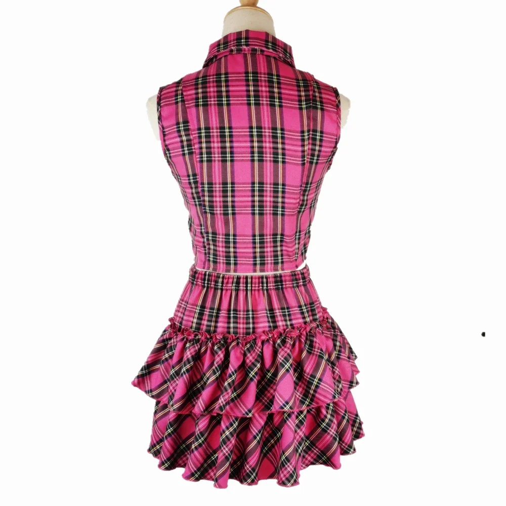 Conjunto de duas peças sexy menina quente punk streetwear magro topo & festa plissado zíper xadrez saia curta conjunto roupa feminina 2025 primavera