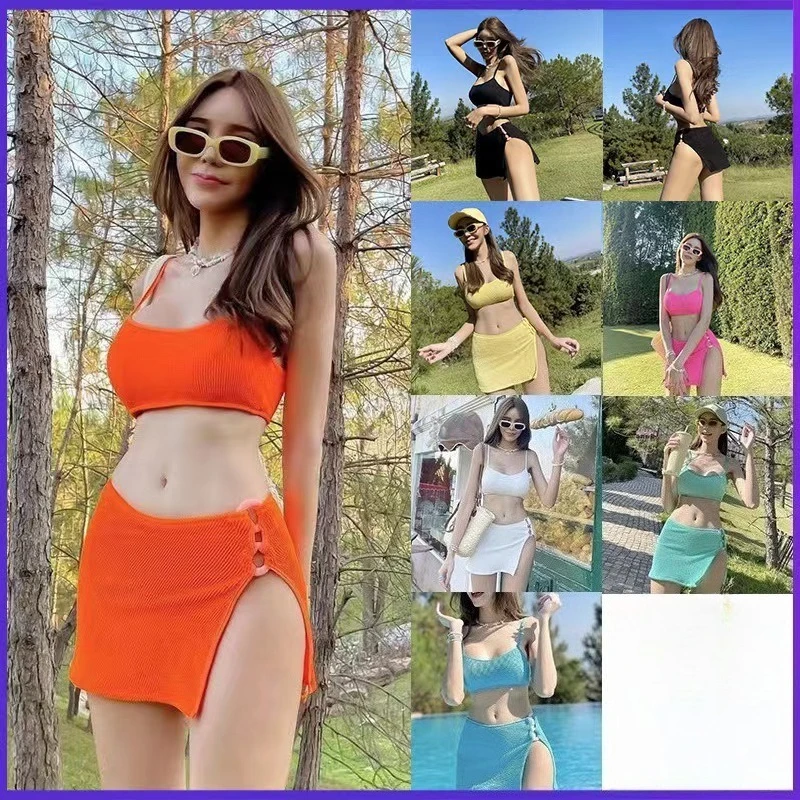 

Vacation & Hot Spring Women's Swimwear - 2025 New Korean Ins Style Candy Colors Spaghetti Strap 3-Piece Split Hot Girl Bikini