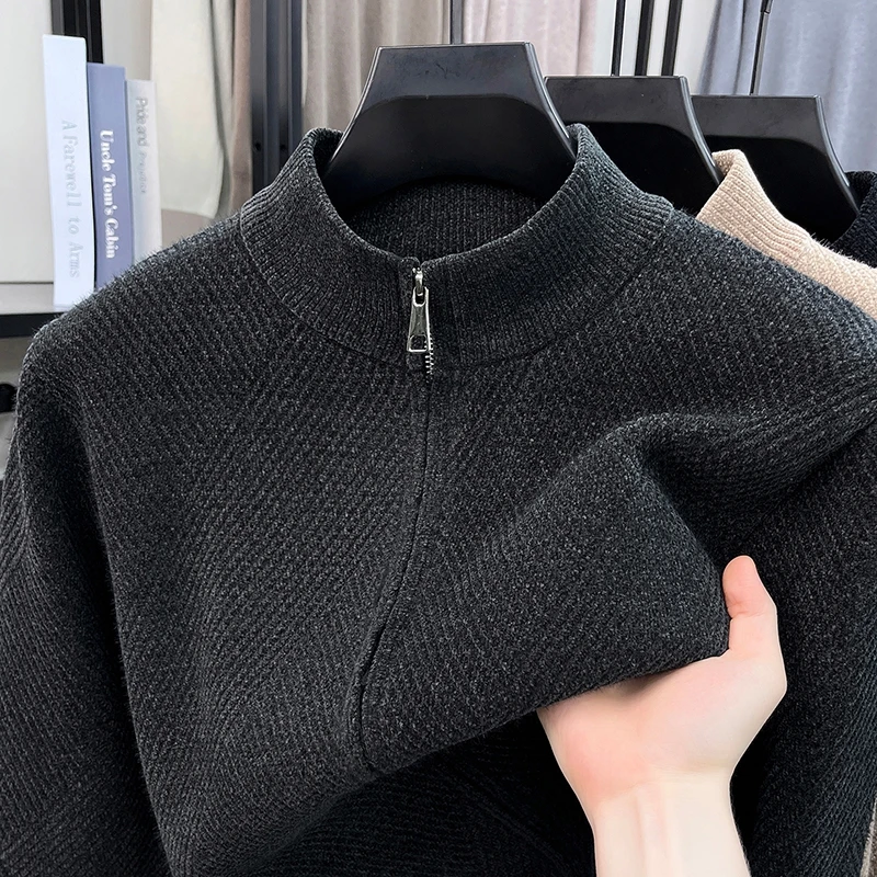 High end plush thicken knitted cardigan autumn winter comfort warm men semi high neck new casual zipper solid color sweater coat