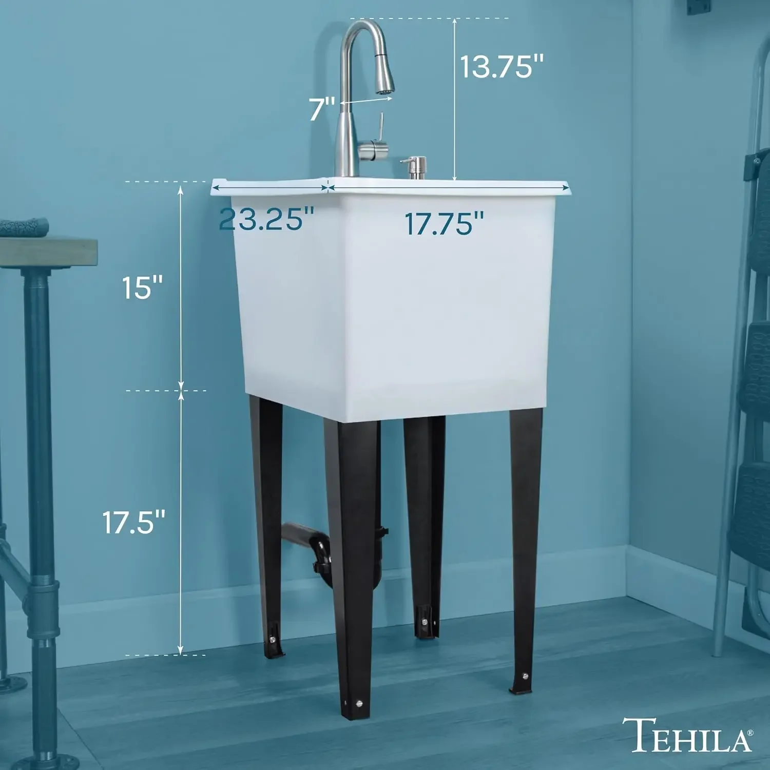 White Space Saver Utility Sink, Freestanding Tehila Space Saving Laundry Tub, Stainless Steel Pull-Down Faucet, Soap Dispenser