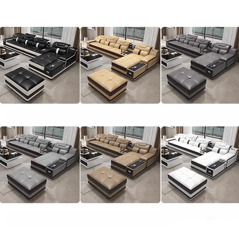 Luxury Italian Genuine Leather Sectional Sofa Set With Bluetooth Speaker And USB Ports Cow Leather Divano Living Room Furniture