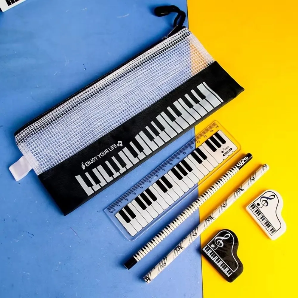6Pcs 6-Piece Set Music Stationery Set Pencil Bag Bill Organizer Note Pouch Music Theme School Supplies Ruler Pencil Eraser